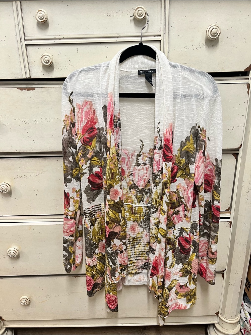 INC International Concepts White Floral Open-Front Cardigan with Pink Roses